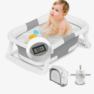 Foldable Baby Bath Tub with Temperature Display - White and Gray